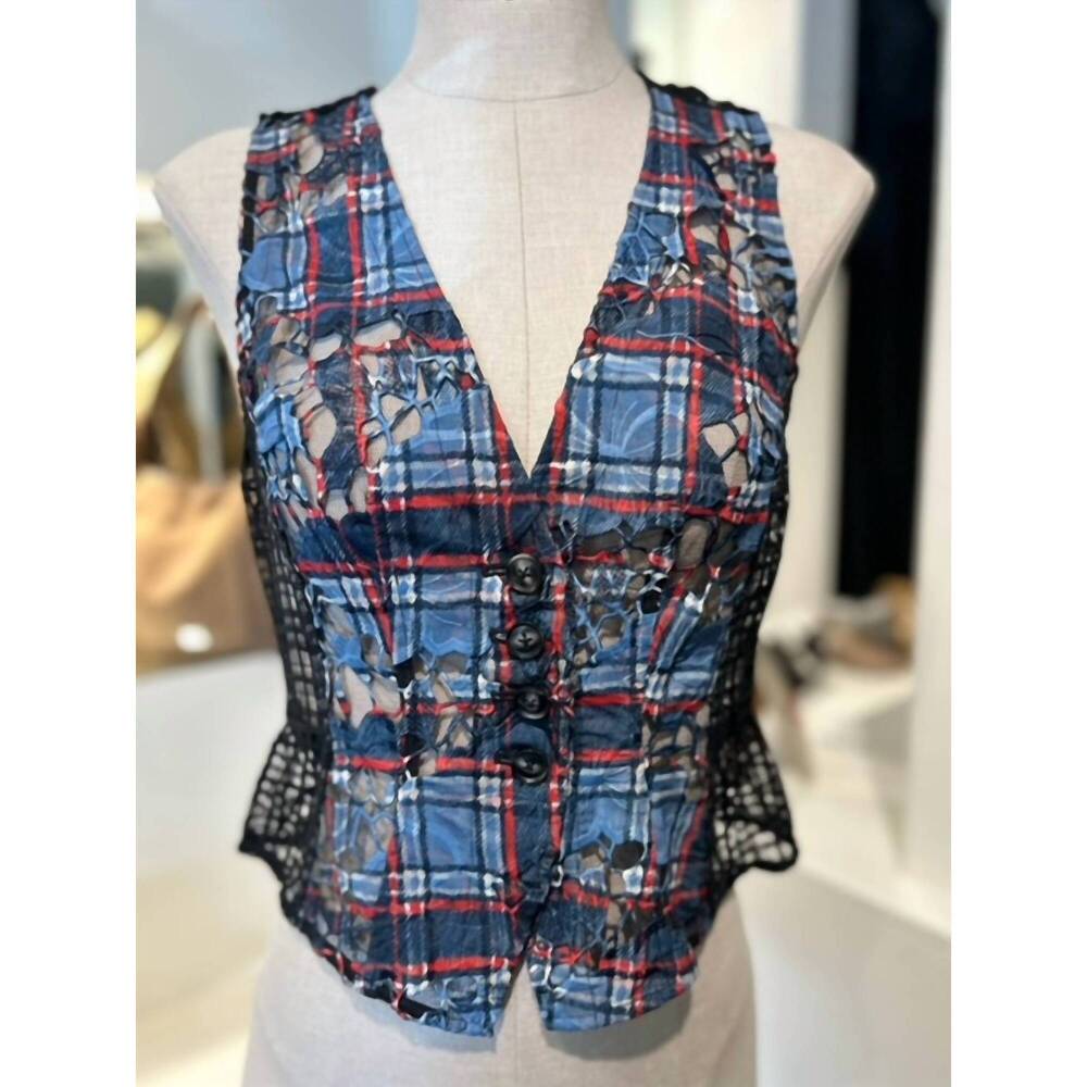 NEW BYRON LARS plaid lace vest in blue multi